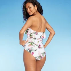 Women's Bandeau Flounce Front Ruched Full Coverage One Piece Swimsuit - Kona Sol™ Cream