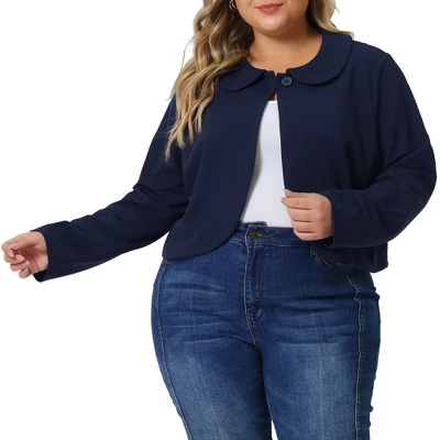 Agnes Orinda Women's Plus Size Business Office Long Sleeve Peter Pan Crop Cardigans