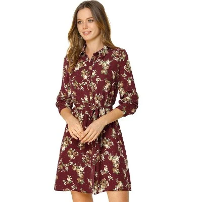 Allegra K Women's Lapel Button Down Belted Above Knee Vintage Polka Dots Floral Shirt Dress - Image 2
