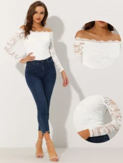 Allegra K Women's Off Shoulder Floral Lace Top Sheer Long Sleeves Casual Blouse