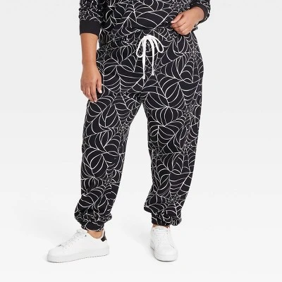 Women's Halloween Spider Web Graphic Jogger Pants - Black - Image 4