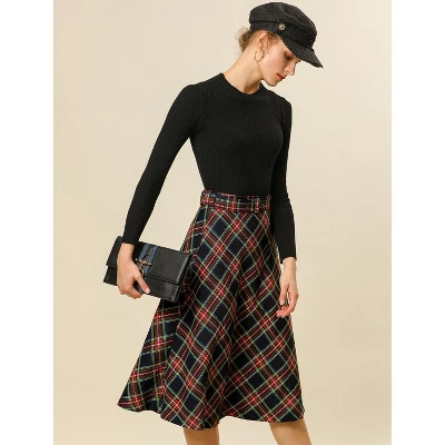 Allegra K Women's Tartan Plaid High Waist Belted Vintage A-Line Midi Skirt