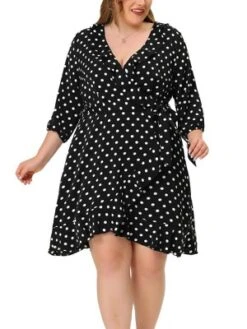 Agnes Orinda Women's Plus Size Polka Dots Elegant 3/4 Sleeve Ruffle Dress