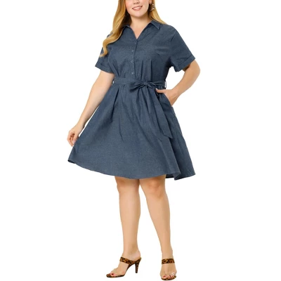 Agnes Orinda Women's Plus Size Buttons Belted Short Sleeves Chambray Shirtdress - Image 7