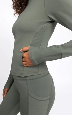 Yogalicious Womens Lux Streamline Interlink Ribbed Contour Insert Full Zip Performance Jacket With Pockets - Image 4