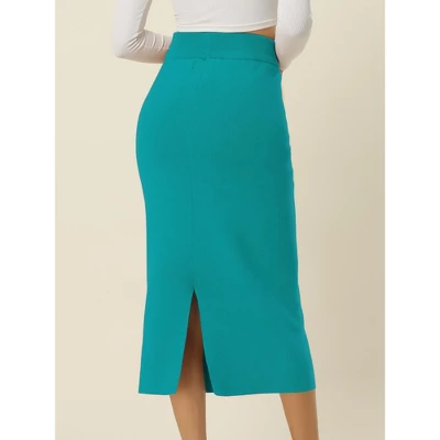 Seta T Women's Elastic High Waist Midi Basic Skirt Slit Hem Stretchy Ribbed Knit Bodycon Midi Skirts - Image 3