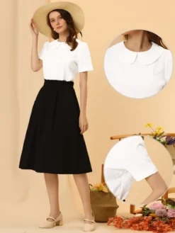 Allegra K Women's Floral Jacquard Puff Short Sleeve Peter Pan Collar Blouse