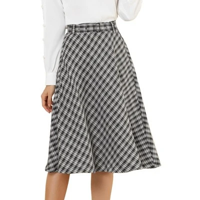 Allegra K Women's Tartan Plaid High Waist Belted Vintage A-Line Midi Skirt - Image 9