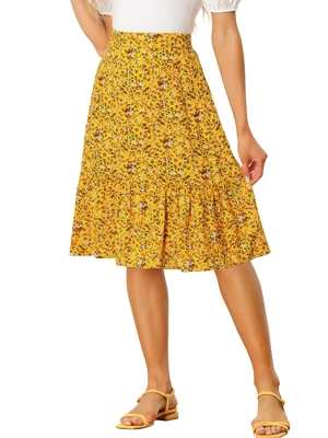 Allegra K Women's Floral Print Ruffle Hem High Elastic Waist Casual A-Line Midi Skirt - Image 6