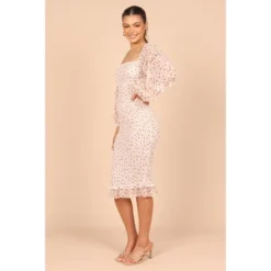 Petal And Pup Womens Bonita Shirred Frill Long Sleeve Bodycon Midi Dress