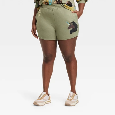 Women's Afro Unicorn Graphic Shorts - Green - Image 5