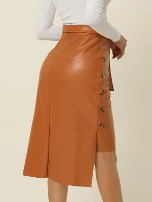 Seta T Womens' High Low Hem Belted High Waist Side Button Decor Leather Skirt - Image 3
