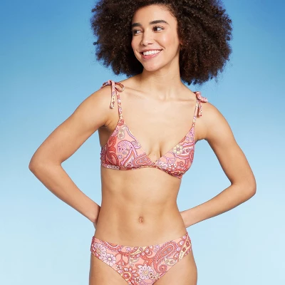 Women's Shoulder Tie Bralette Bikini Top - Wild Fable™ Peach Paisley Print - Image 2