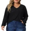 Agnes Orinda Women's Plus Size Long Sleeve Hollow Out V Neck Blouse