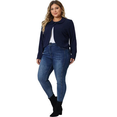 Agnes Orinda Women's Plus Size Business Office Long Sleeve Peter Pan Crop Cardigans - Image 2