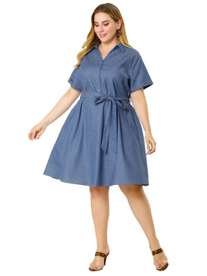 Agnes Orinda Women's Plus Size Buttons Belted Short Sleeves Chambray Shirtdress - Image 2