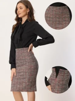 Allegra K Women's Plaid Tweed High Waist Split Office Pencil Wrap Skirt