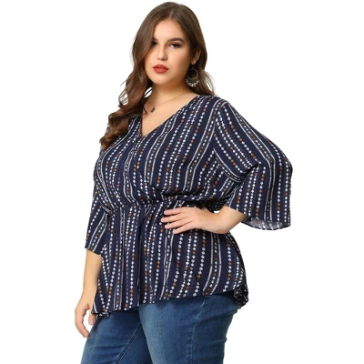Agnes Orinda Women's Plus Size Peplum Fall V Neck Boho Striped Babydoll Blouses - Image 3