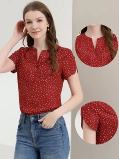 Allegra K Women's Polka Dots Print V Neck Short Sleeve Elegant Work Office Tops