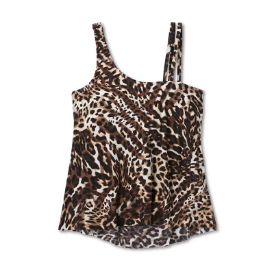 Women's Double Strap Asymmetrical One Shoulder Tankini Top - Aqua Green® Multi Animal Print - Image 5