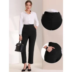 Allegra K Women's Business High Waist Elastic Waist Back Button Decor Straight Leg Pants