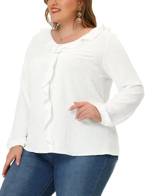 Agnes Orinda Plus Size Blouse For Women Elegant Long Sleeve Ruffle Trim V Neck Office Blouses Tops