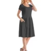 Womens Scoop-Neck Kne -Length Hemline And Pleated Pockets Dress
