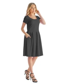 Womens Scoop-Neck Kne -Length Hemline And Pleated Pockets Dress