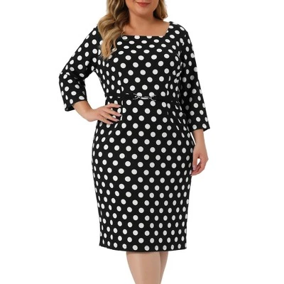 Agnes Orinda Women's Plus Size Formal Polka Dots 3/4 Sleeve Belt Bodycon Dress - Image 7