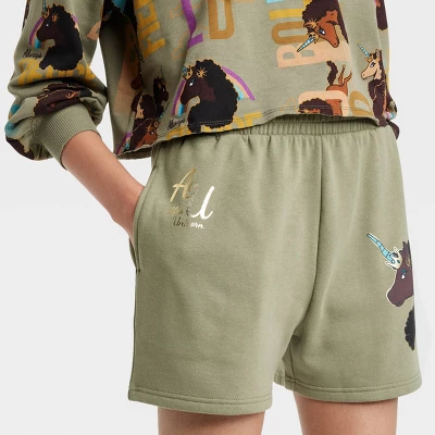 Women's Afro Unicorn Graphic Shorts - Green - Image 3