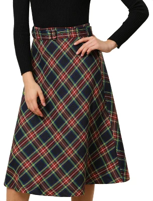 Allegra K Women's Tartan Plaid High Waist Belted Vintage A-Line Midi Skirt - Image 6