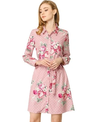 Allegra K Women's Lapel Button Down Belted Above Knee Vintage Polka Dots Floral Shirt Dress - Image 10
