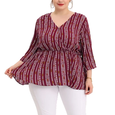 Agnes Orinda Women's Plus Size Peplum Fall V Neck Boho Striped Babydoll Blouses - Image 7