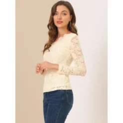 Allegra K Women's Floral Embroidery Sheer Long Sleeves Lace Blouse