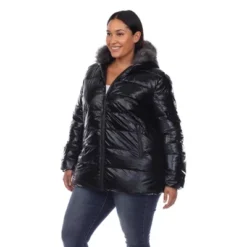 Plus Size Metallic Puffer Coat With Hoodie - White Mark