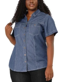 Agnes Orinda Women's Plus Size Jeans Short Sleeve Chest Pocket Button Down Denim Shirts