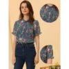 Allegra K Women's Floral Chiffon Ruffle Neck Puff Sleeve Semi-Sheer Button Down Blouse