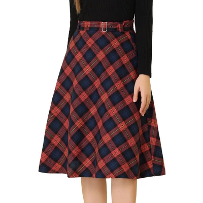 Allegra K Women's Tartan Plaid High Waist Belted Vintage A-Line Midi Skirt - Image 12