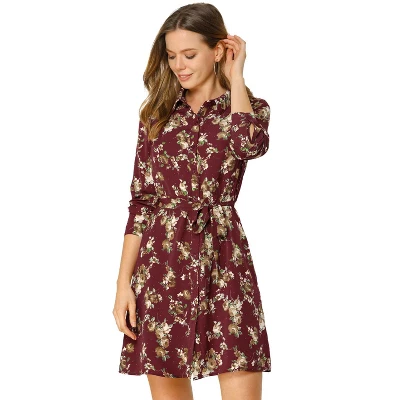 Allegra K Women's Lapel Button Down Belted Above Knee Vintage Polka Dots Floral Shirt Dress
