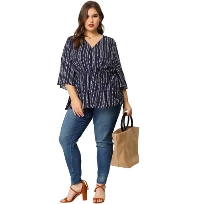 Agnes Orinda Women's Plus Size Peplum Fall V Neck Boho Striped Babydoll Blouses - Image 2
