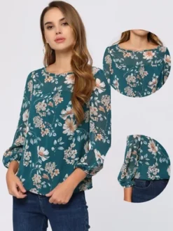 Allegra K Women's Casual Floral Print Round Neck Long Sleeve Chiffon Blouse