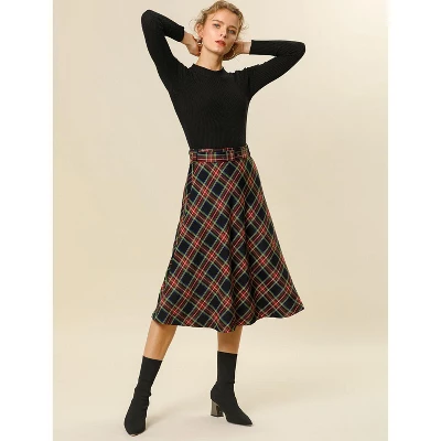 Allegra K Women's Tartan Plaid High Waist Belted Vintage A-Line Midi Skirt - Image 3