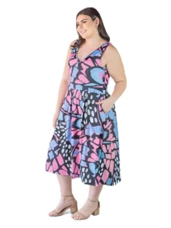 Plus Size Butterfly Print Fit And Flare With Pockets Midi Dress