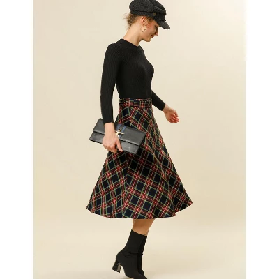 Allegra K Women's Tartan Plaid High Waist Belted Vintage A-Line Midi Skirt - Image 2