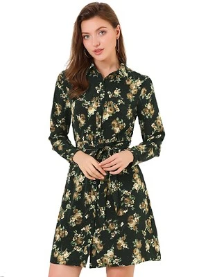 Allegra K Women's Lapel Button Down Belted Above Knee Vintage Polka Dots Floral Shirt Dress - Image 13