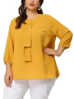Agnes Orinda Women's Plus Size Chiffon 3/4 Sleeve Tie Front Work Elegant Blouse