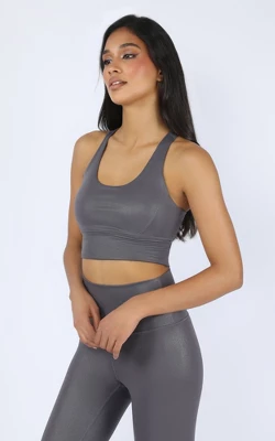 90 Degree By Reflex Womens Wonderlink Liquid Disco Foil Print Longline Racerback Warrior Bra - Image 5