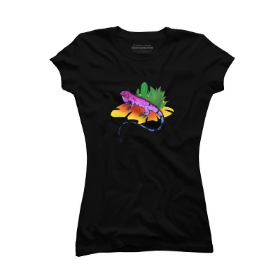 Junior's Design By Humans Colorful Desert Iguana And Cactus By Bambino T-Shirt - Image 2