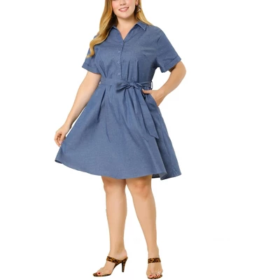Agnes Orinda Women's Plus Size Buttons Belted Short Sleeves Chambray Shirtdress - Image 6