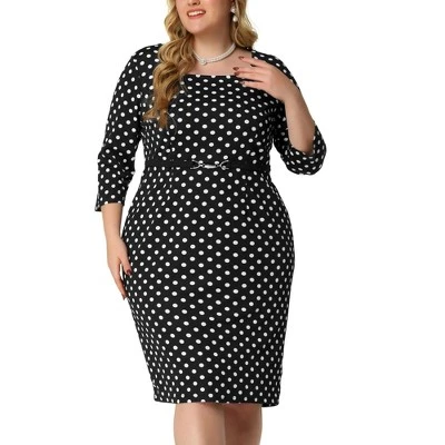 Agnes Orinda Women's Plus Size Formal Polka Dots 3/4 Sleeve Belt Bodycon Dress